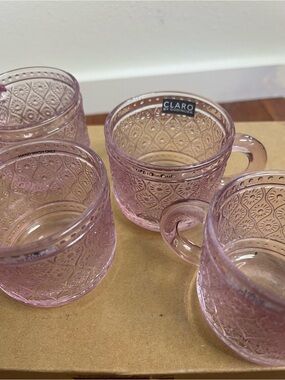 Claro by Godinger Pink Rose Embossed Glass Sandwich Tea Cups